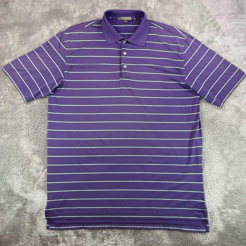 Peter Millar Polo Shirt Mens Large Purple Striped Stretch Gold Summer Comfort